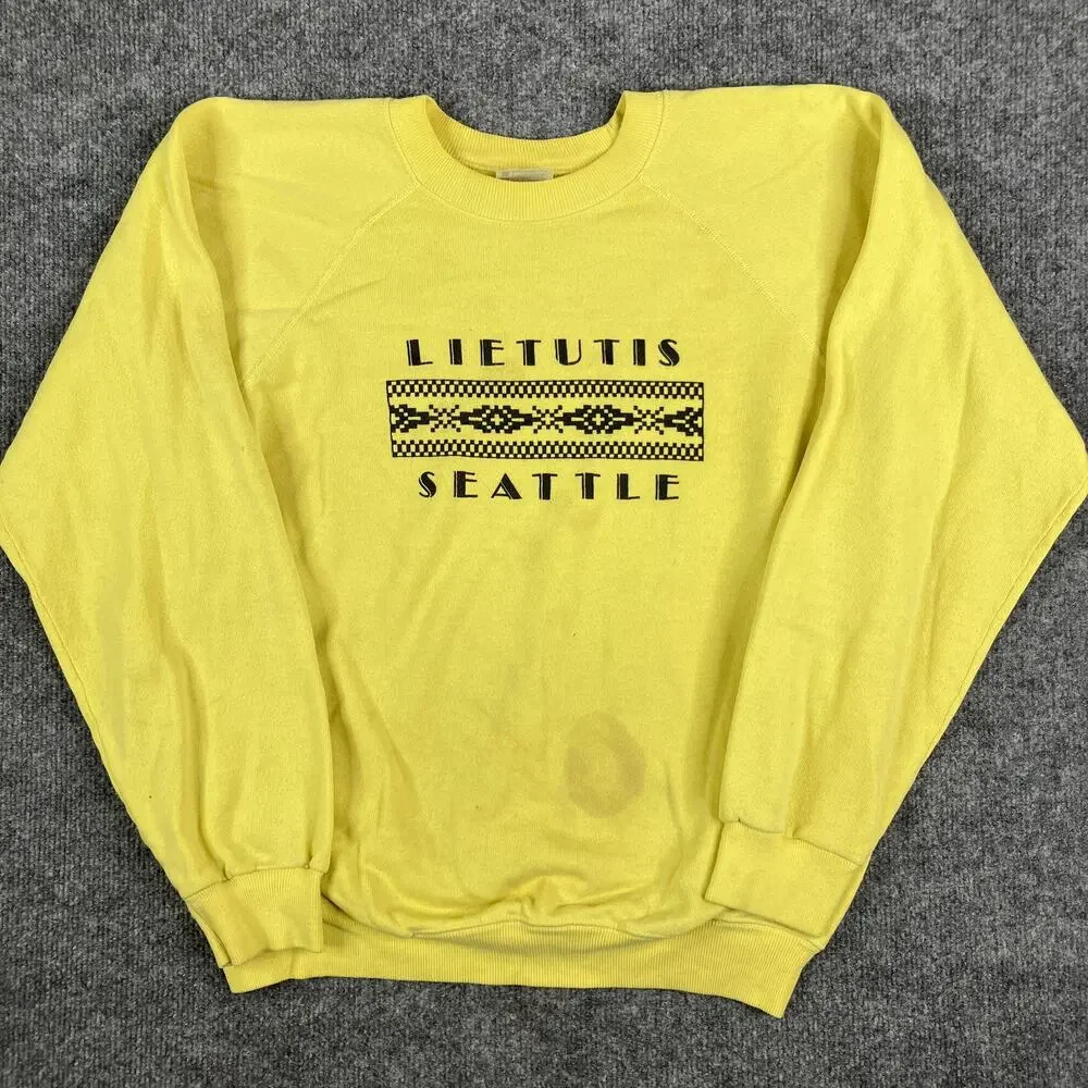 Hanes Sweatshirt Mens Large Yellow Lietutis Seattle Vintage 90s USA Graphic Crew